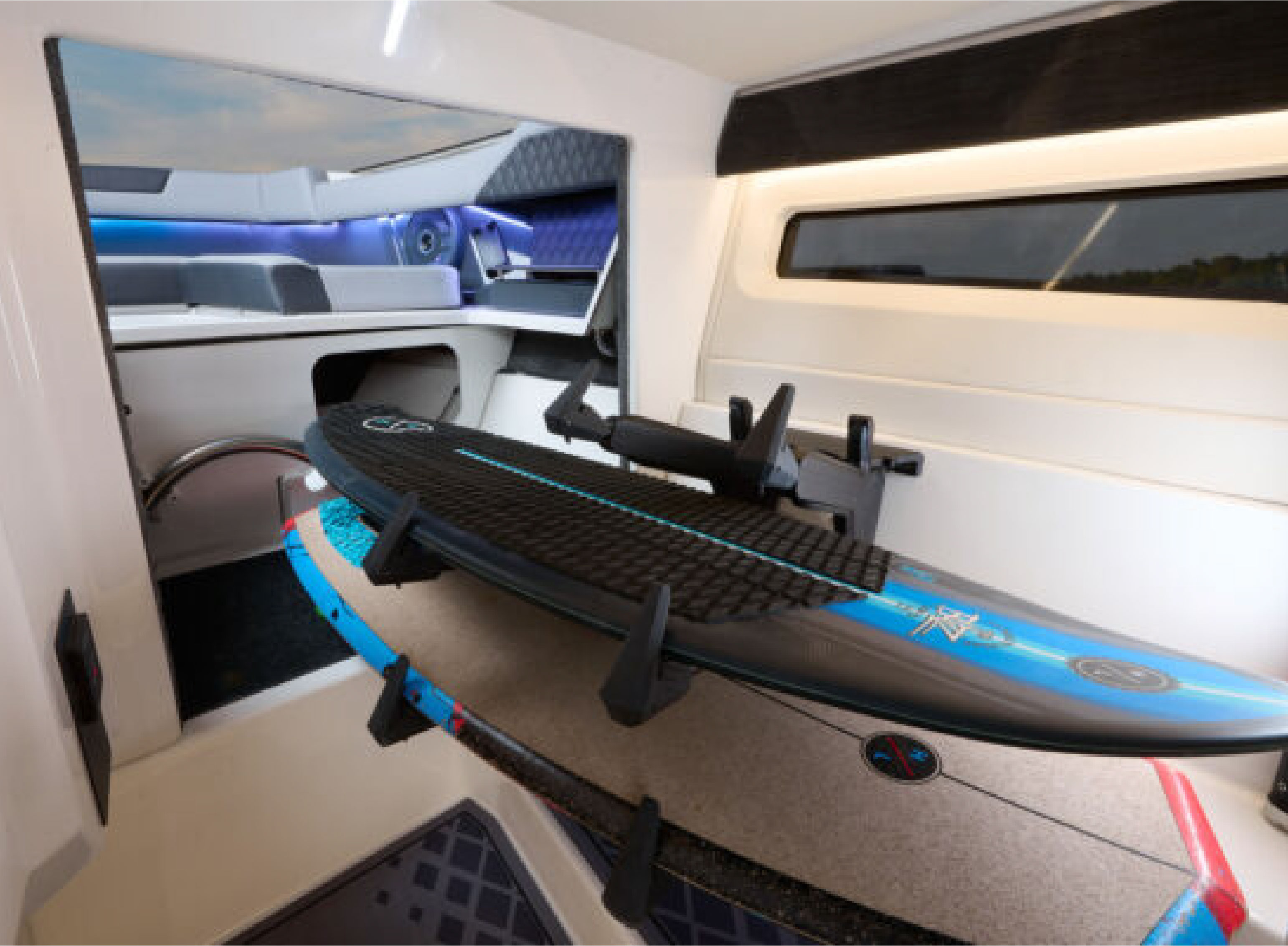 boat interior with paddle board