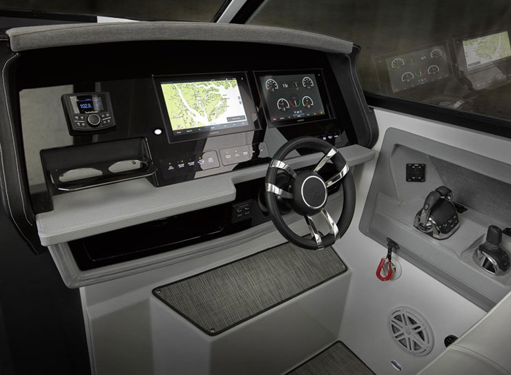 The Cobalt A36 bowrider boat’s helm is one of the boat’s highlights
