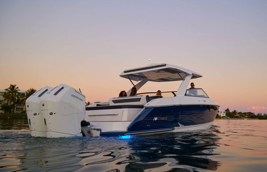 Cobalt R35 Outboard showing its two Mercury Marine motors.