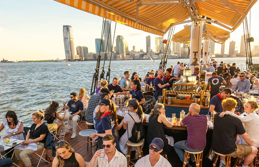 large group of diners on a boat